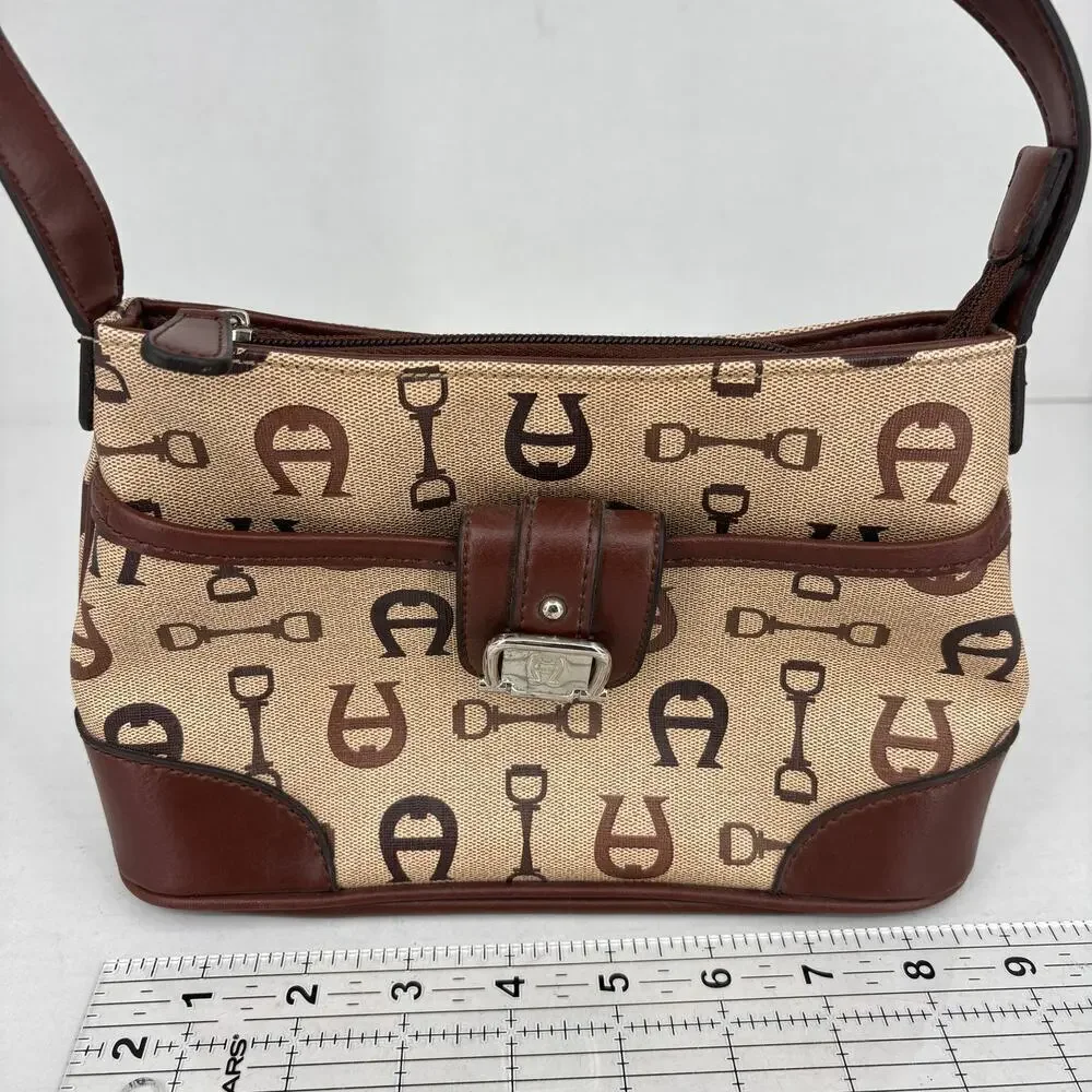 Etienne Aigner Handbag Tan Brown Canvas Leather Trim‎ Traditional Logo